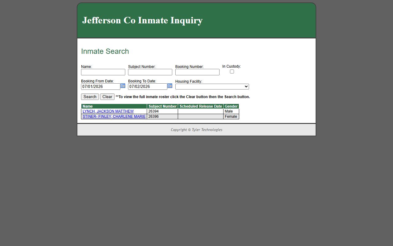Jefferson County jail roster search fields for inmate population lookup